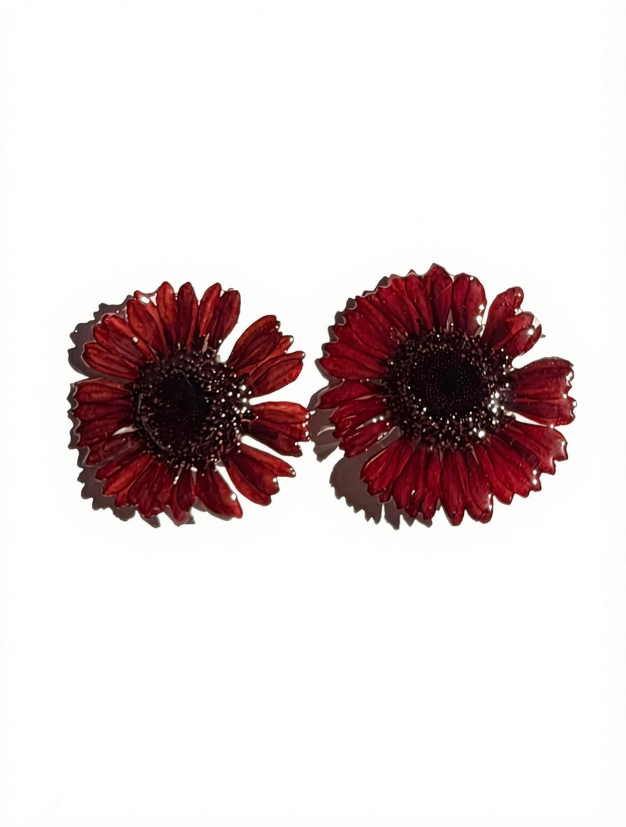 Real Red Gerbera Daisy Statement Stud Earrings