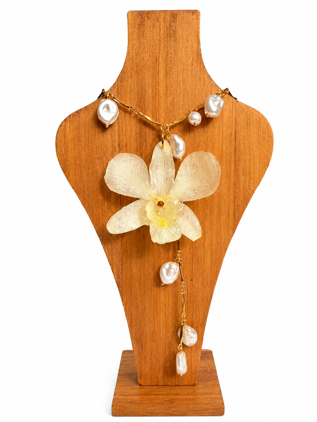 Real White Dendrobium Orchid Necklace with Pearl Accents