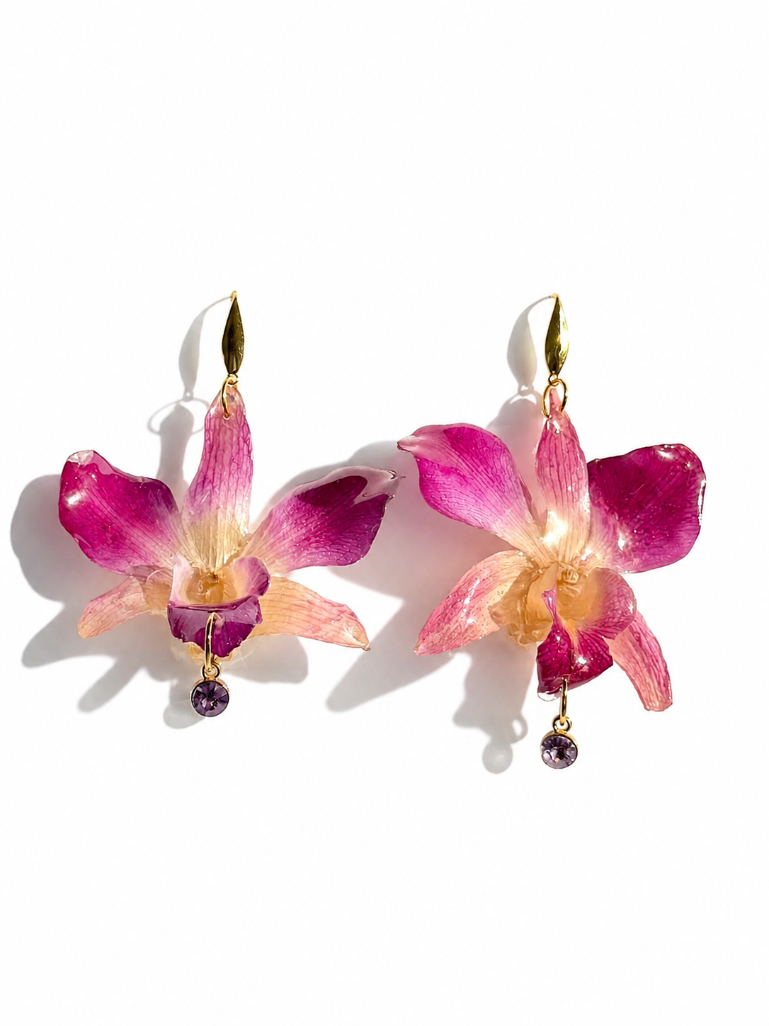 Real Pink Dendrobium Orchid  Earrings with Crystal Drops