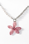 Pink Plumeria necklace with pearls & chain