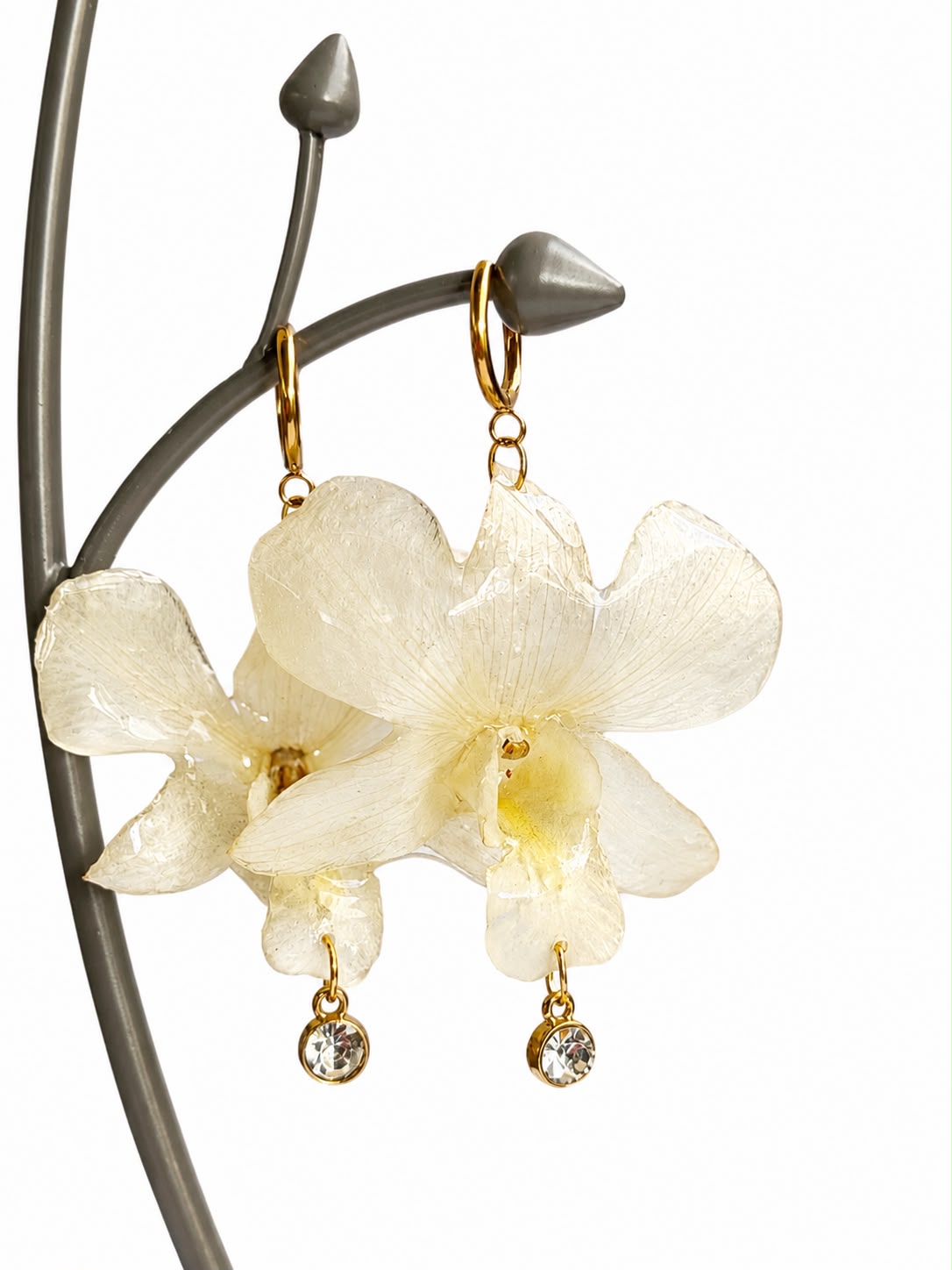 Real White Dendrobium Orchid Earrings with Crystal Drops