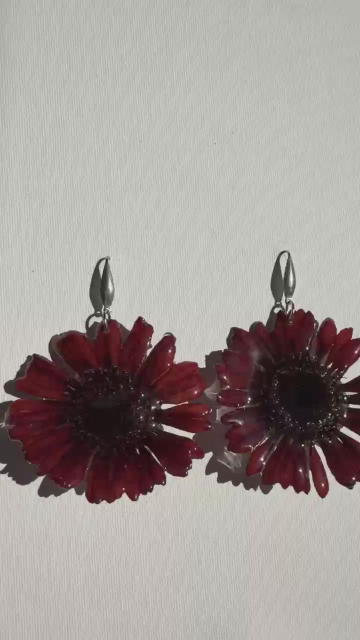Large Real Red Gerbera Daisy Dangling Earrings