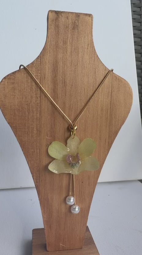 Real Light Yellow Dendrobium Orchid Bolo Tie Necklace