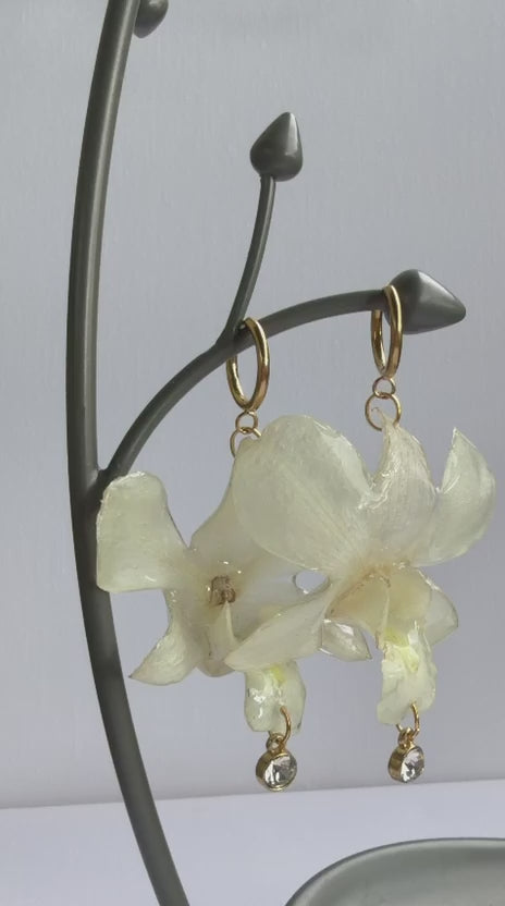 Real White Dendrobium Orchid Earrings with Crystal Drops