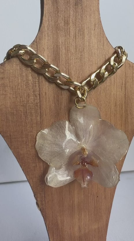 Real White Phalaenopsis Orchid Chunky Chain Necklace