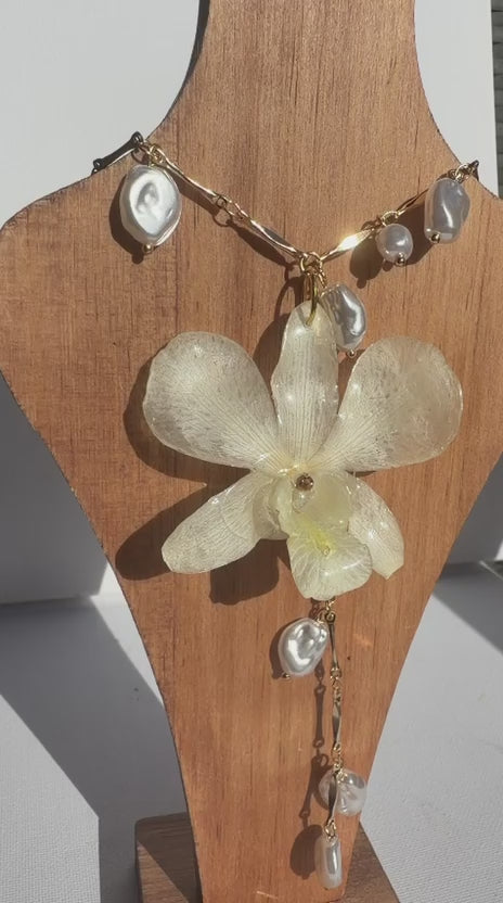 Real White Dendrobium Orchid Necklace with Pearl Accents